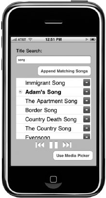 Our application's main page. The user can add songs to the list of songs to be played by entering a partial title into the Title Search text field and pressing the Append Matching Songs button.