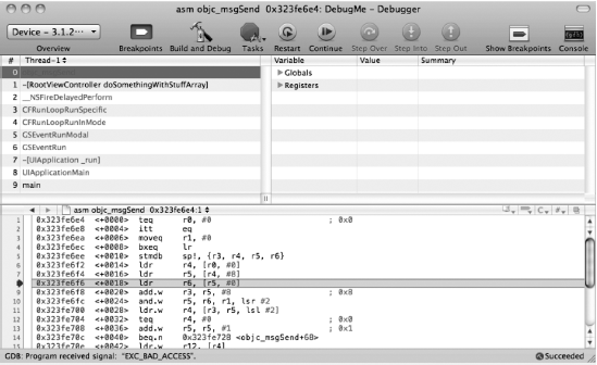 The debugger is stopped at obj_msgSend, which is part of the Objective-C runtime