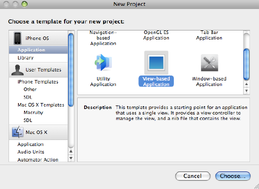 Choose View-based Application from the New Project dialog box.