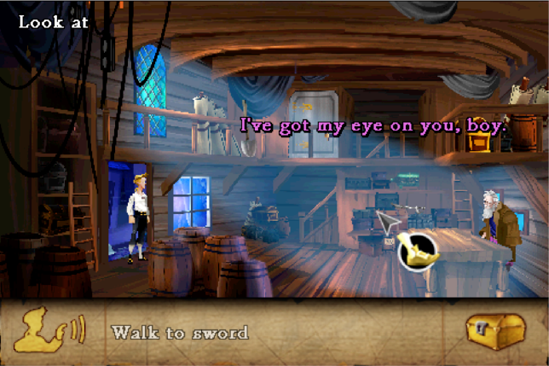 In-game screenshot of The Secret of Monkey Island. Voice actors provide speech for the dialogue to enhance the quality of the game.