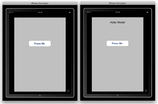 (left) Beautiful button in the iPad full screen mode; (right) Click it ... Hello World!