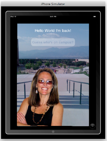 The iPad image of the overlay of views: "Hello World, I'm back!"