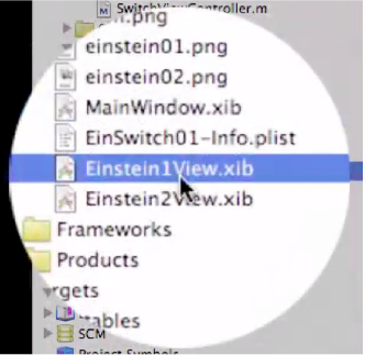 Begin work on the nib files by selecting the Einstein1View.xib file.