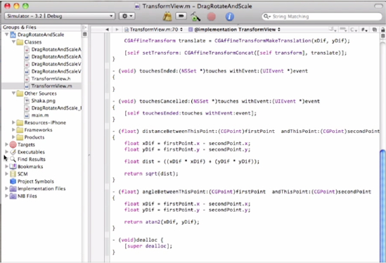 Modify the TransformView.m implementation file to track two touches.