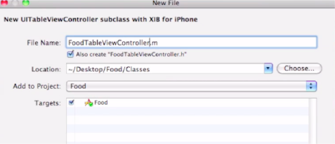 Name and save the new FoodTableViewController class.