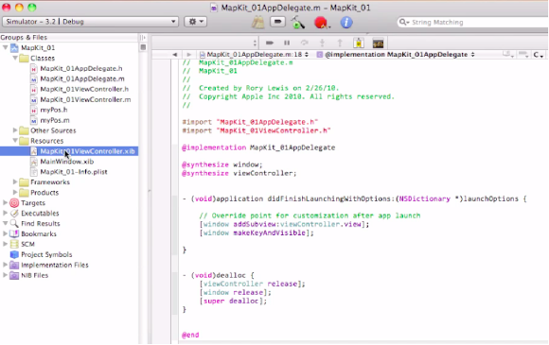 In the Resources folder, click on the MapKit_01ViewController.xib file so you can make the connections and get this app running!