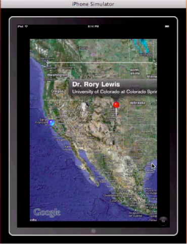 Zooming out we see how far away we are from our "current location," which, on the iPad simulator, defaults to Apple's headquarters in Cupertino, CA.