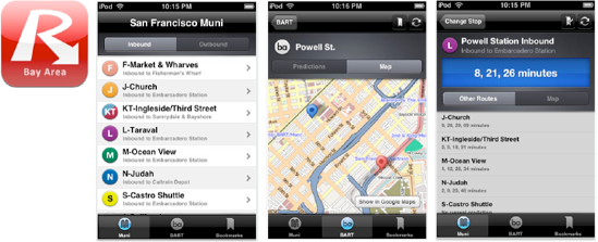 App icon and examples of three action screens—parsing app: "Routesy Bay Area San Francisco Muni and BART."