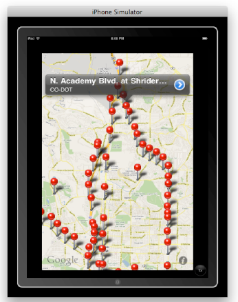 CS-201 Final Project—Stephen A. Moraco's App zoomed into the Colorado Springs area. The annotation of North Academy at Shrider appears because the author clicked on that intersection.