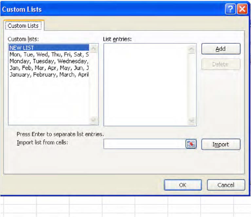 Note the existing lists, supplied by Excel.