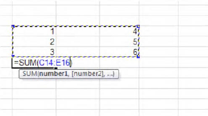 Kind of a drag: spanning two ranges to be added in one SUM. Note, however, that the function treats these values as one range for formula purposes: C14:E16