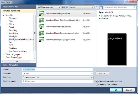 Visual Studio 2010 File New Project – Silverlight for Windows Phone dialog