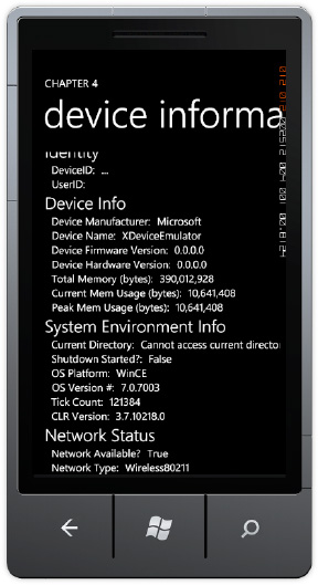 Windows Phone 7 device information and network status