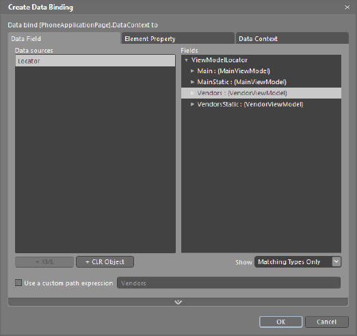 Data bind DataContext to the VendorsViewModel