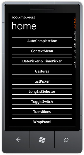 Silverlight for Windows Phone Toolkit sample main menu