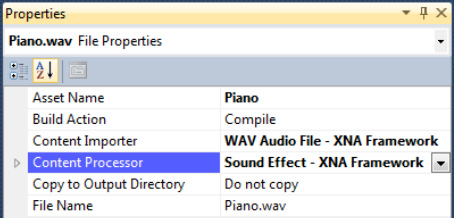 The properties for a WAV file added to an XNA Content project