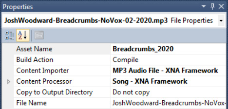 The properties for an MP3 file added to an XNA Content project