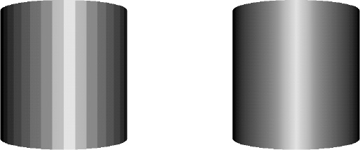 A cylinder with normals applied to each whole face (left) and to individual vertices (right)