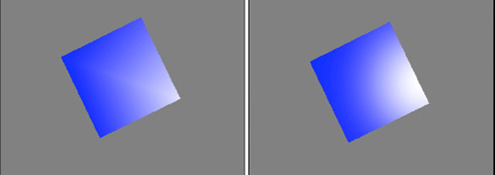 Two cubes, without (left) and with (right) per pixel lighting enabled