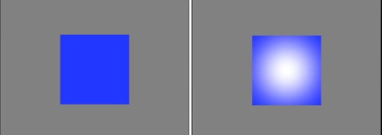 Two cubes, without and with per pixel lighting enabled with a high specular focus