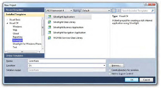 Creating a new Silverlight application project