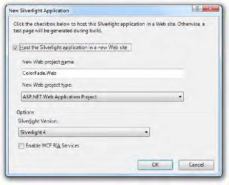Setting the configuration of the new Silverlight application project