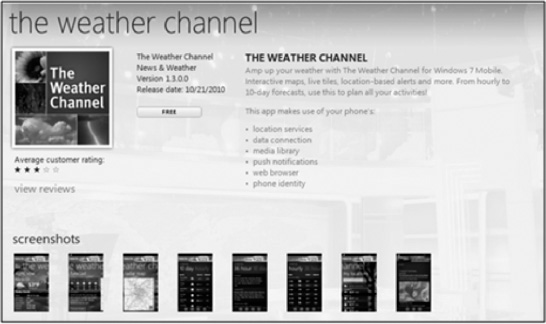 The Weather Channel application shown in the Zune Software.