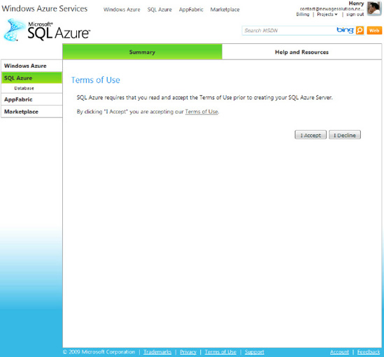 SQL Azure Terms of Use screen