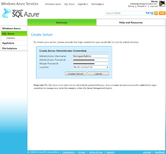SQL Azure Create Server screen