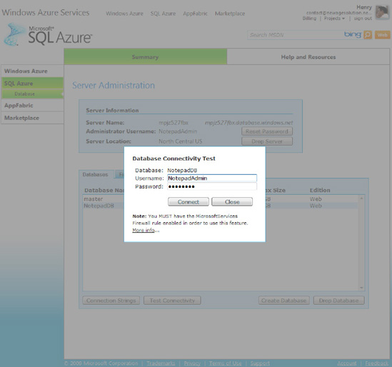 SQL Azure Database Connectivity Test