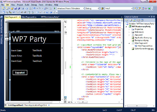 Design surface of the WP7AnniversaryParty application