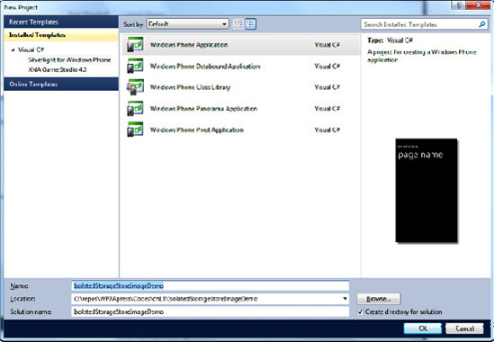 Windows Phone Application template for creating IsolatedStorageStoreImageDemo
