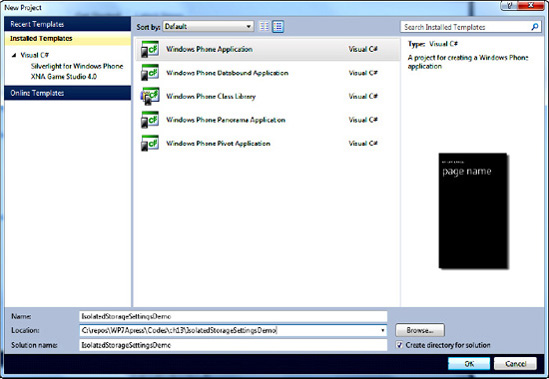 Windows Phone Application template for creating IsolatedStorageSettingsDemo