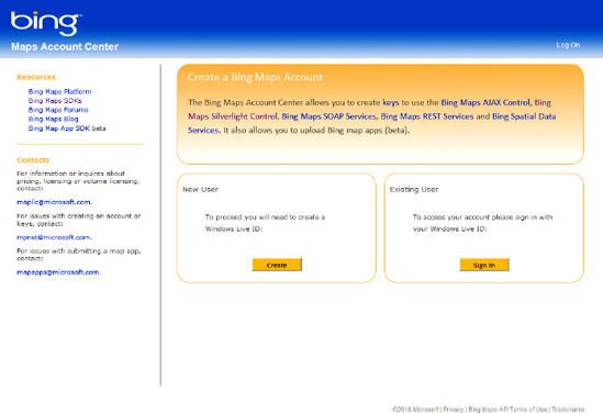 Bing Maps portal to create new user