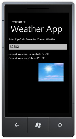 Sample output of WeatherRx application for ZIP code 32202