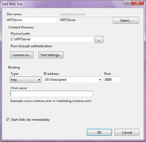 IIS 7.5 new web site properties dialog