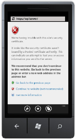 Certificate authority error on the Windows Phone 7 Emulator