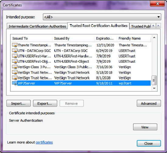 List of trusted root CAs, with self-signed certificate highlighted