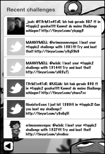 Twitter challenges appear in a public timeline inside Topple 2.