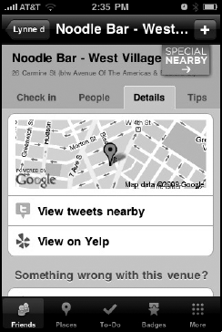 Foursquare's careful tabbed interface packs data into a friendly format.