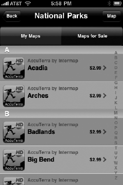 A list of maps for sale inside AccuTerra.