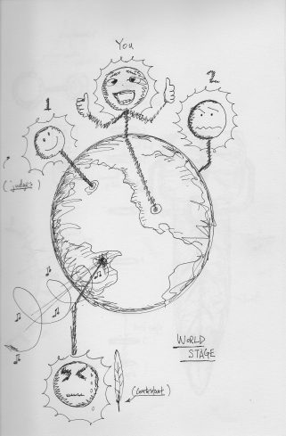 Early drawings of Leaf Trombone showed the competition globe featuring prominently.