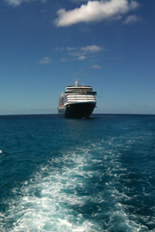 This picture of a cruise ship has a large depth of field, which means most (if not all) of the frame is in sharp focus.