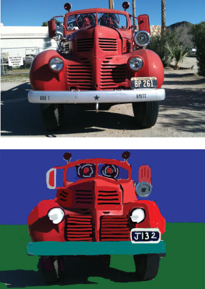 Fire truck before and after using PhotoForge tools.