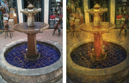 Photo of fountain in Sedona, Arizona before and after tweak with the Oil Painting effect.