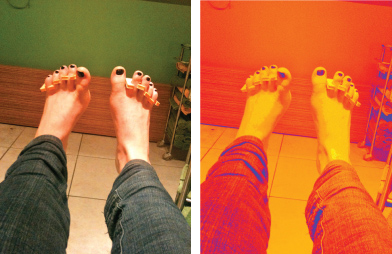 Photo of feet before and after tweaks with the Heat Map effect.