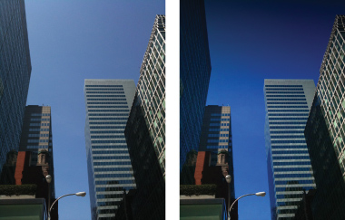 Buildings before and after tweaking the sky.