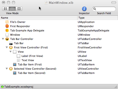 The MainWindow.xib file generated by Xcode as part of the Tab Bar Application template
