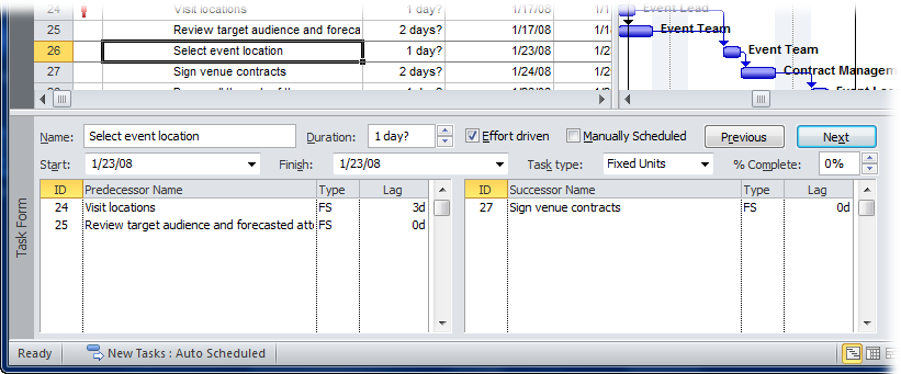 The Task Form displays the information for the task you select in the top pane of the Task Entry view. The Predecessors and Successors tables show linked tasks, the type of task dependency, and the lag or lead time.