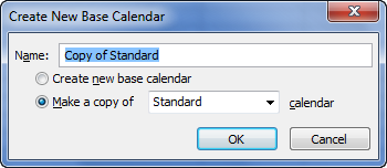 Project suggests that copying an existing calendar is the preferred way to create a new base calendar by automatically selecting the “Make a copy of” option.